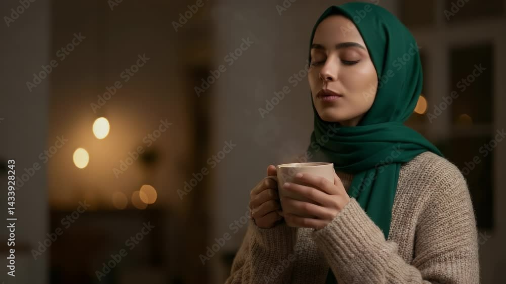 Serene Evening: Woman in Hijab Enjoying a Warm Drink Serene Evening: Woman in Hijab Enjoying a Warm Drink