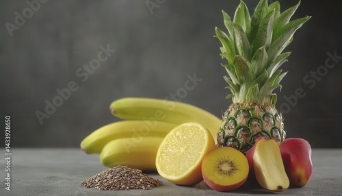 Fototapeta Naklejka Na Ścianę i Meble -  Fresh tropical fruits and seeds. Vibrant yellow bananas, juicy pineapple, and sliced kiwi, peach, and lemon.  Healthy whole foods arranged on a gray surface