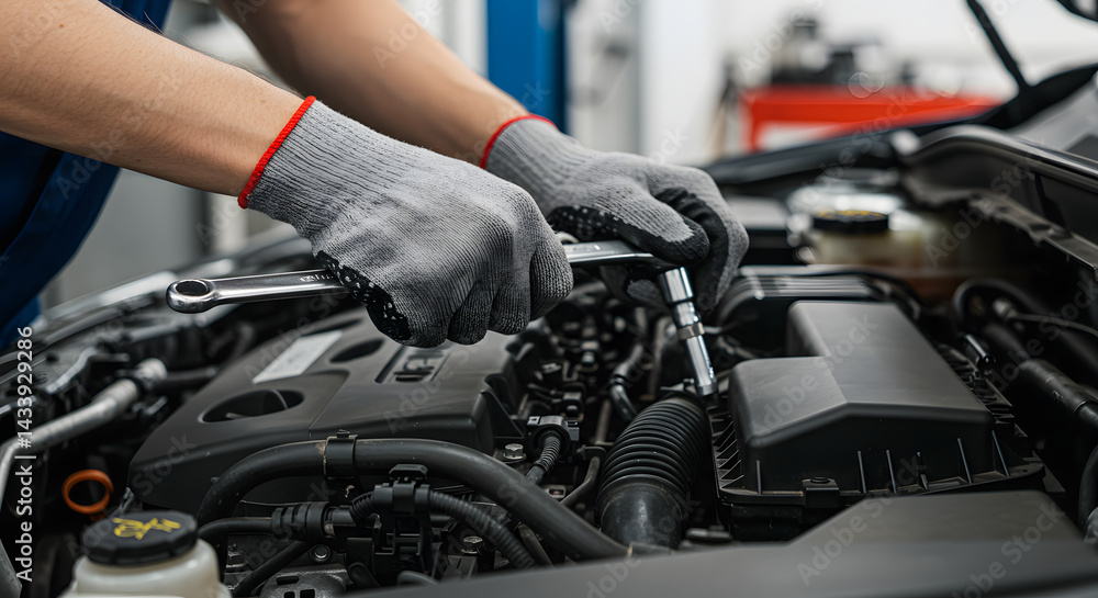 Automotive Mechanic: A skilled mechanic's hands meticulously repair a car engine, showcasing expertise in automotive repair and maintenance. Automotive Mechanic: A skilled mechanic's hands meticulously repair a car engine, showcasing expertise in automotive repair and maintenance.