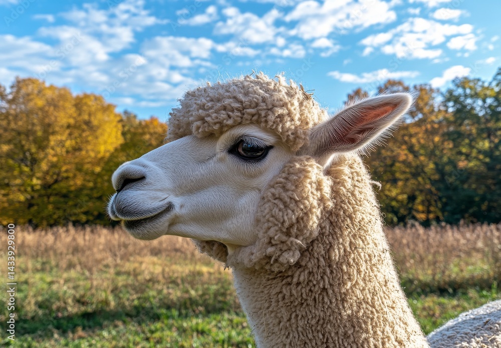 Obraz premium Fluffy White Alpaca in Autumnal Field