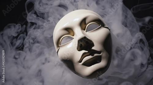 Mysterious mask emerges through swirling fog in dramatic slow motion