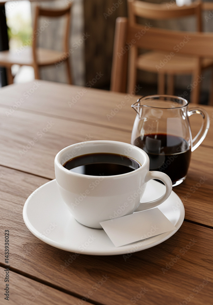 Fototapeta premium a simple white ceramic coffee cup and saucer on a wooden table, filled with black coffee. Next to the cup is a small clear glass carafe also containing black coffee