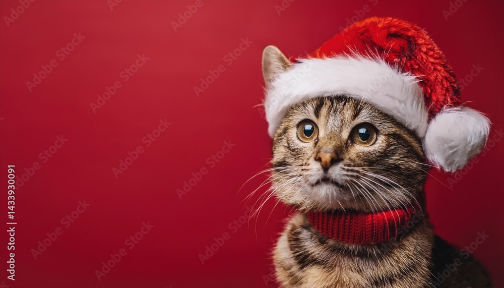 adorable cat in christmas sweater and santa hat on red background perfect for festive designs, print media, and web use adorable cat in christmas sweater and santa hat on red background perfect for festive designs, print media, and web use