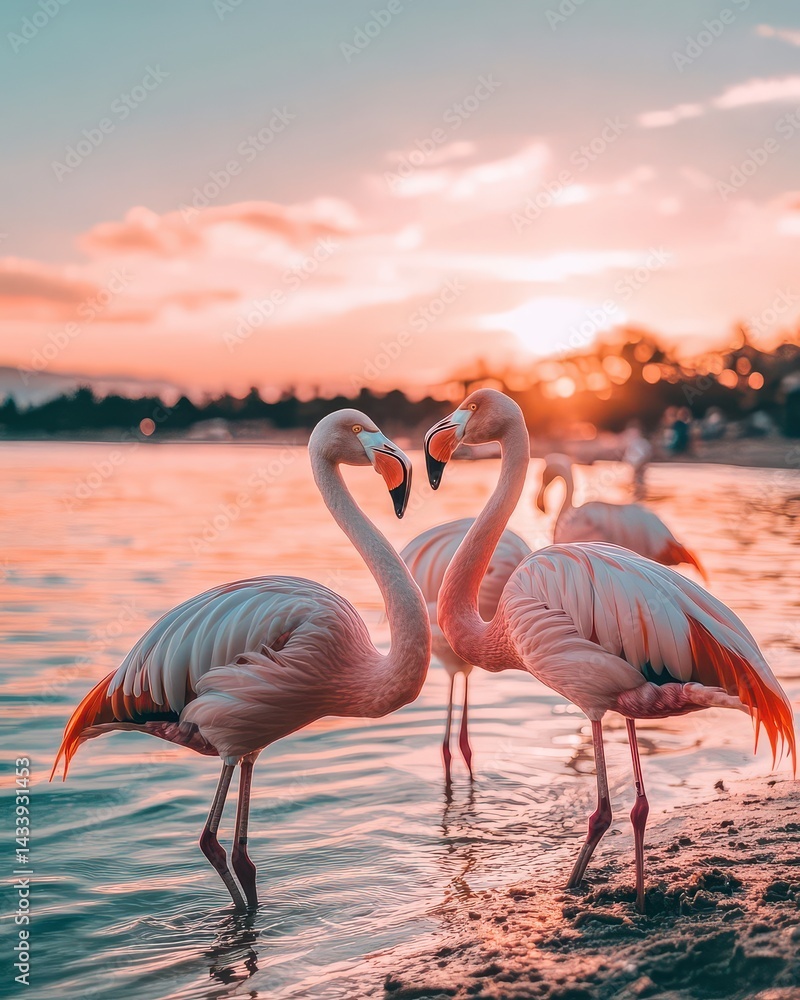 Fototapeta premium Two graceful flamingos interact at sunset by the water, with a serene landscape in the background