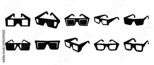 Silhouetted collection of 3D glasses in various angles and perspective views