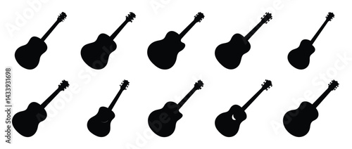 A collection of silhouettes depicting acoustic guitars arranged in a repeating pattern