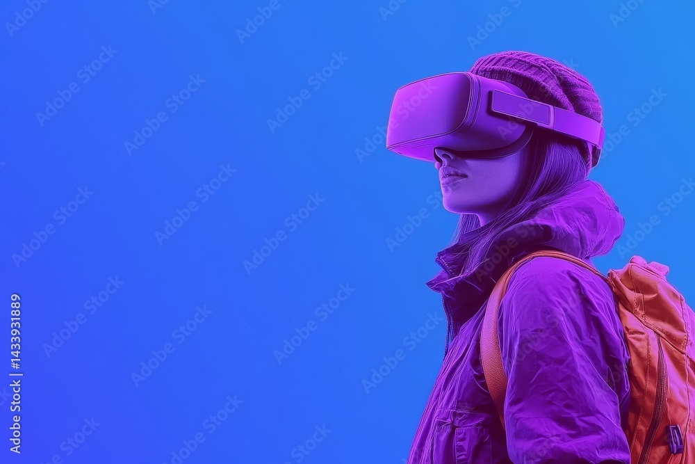 Surrounded by a dark blue lit environment and futuristic design elements, a woman with a VR headset and headphones explores a digital world that creates a serene and immersive virtual reality Surrounded by a dark blue lit environment and futuristic design elements, a woman with a VR headset and headphones explores a digital world that creates a serene and immersive virtual reality