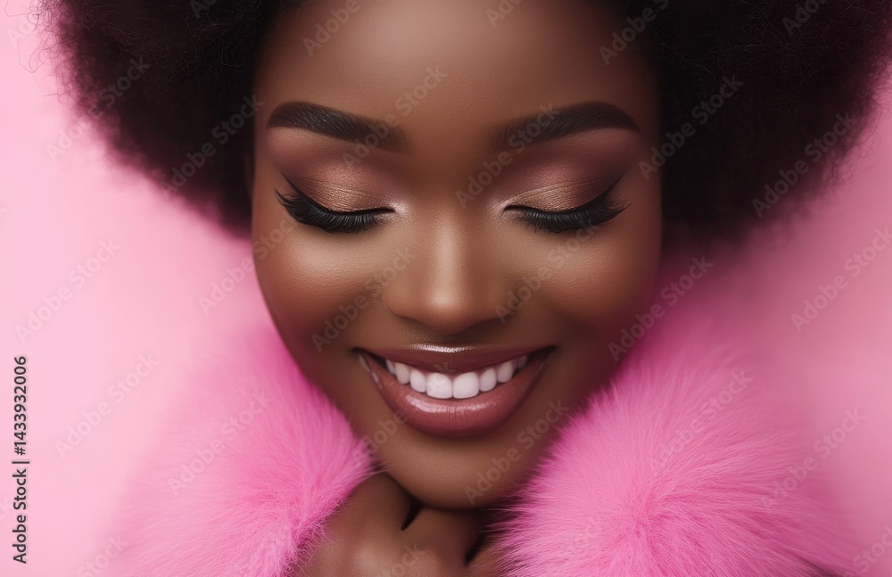A lovely young woman is depicted in a serene pose, touching her neck, isolated on a pale pink background with a considerable amount of empty space A lovely young woman is depicted in a serene pose, touching her neck, isolated on a pale pink background with a considerable amount of empty space