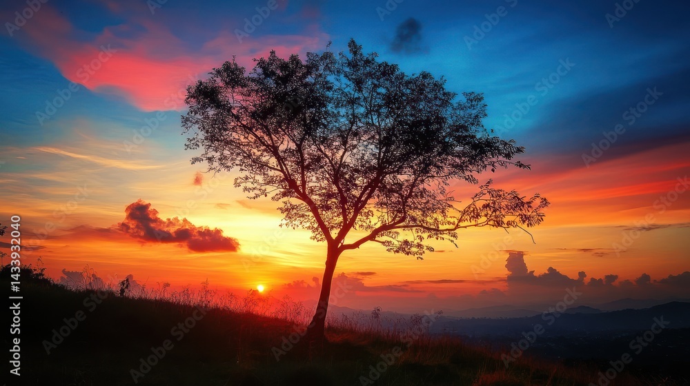 Solitary tree silhouette against a vibrant dawn painted with fiery orange and blue hues Solitary tree silhouette against a vibrant dawn painted with fiery orange and blue hues