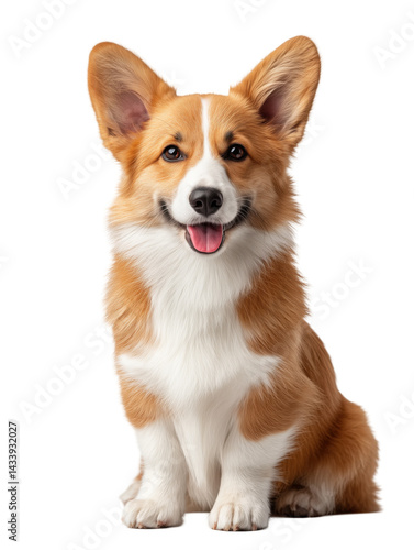 Happy Pembroke Welsh Corgi sitting with tongue out, showing fluffy orange and white fur against clean white background. Concept of cheerful pet companionship and cuteness