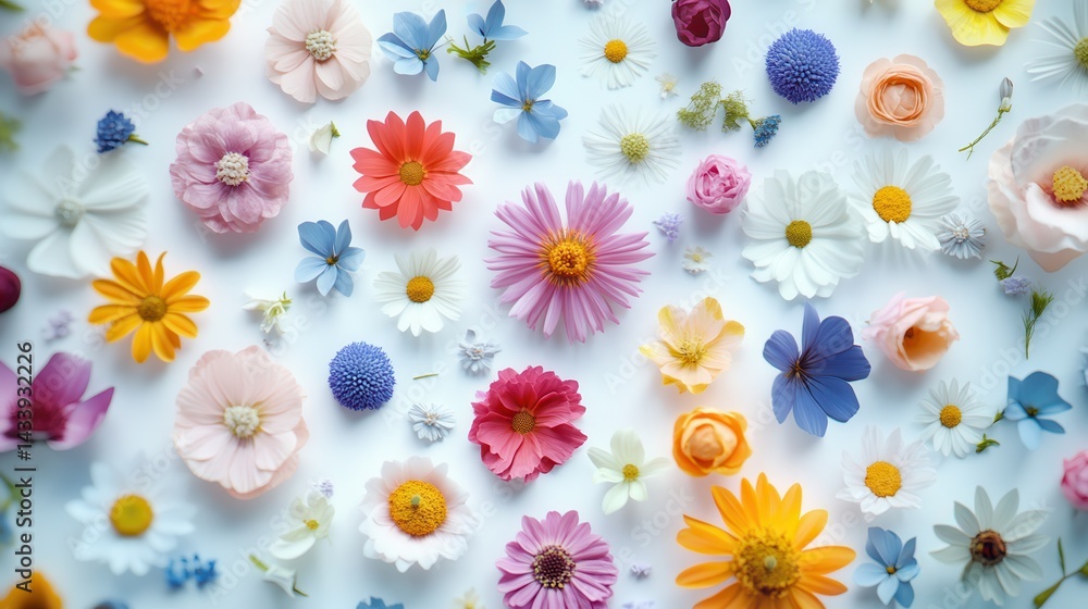 Colorful Flower Flatlay Spring Bloom Background Colorful Flower Flatlay Spring Bloom Background