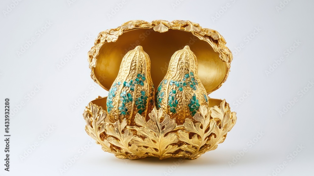 Gold shell holds two turquoise nuts, luxury gift on white. Use upscale store Gold shell holds two turquoise nuts, luxury gift on white. Use upscale store