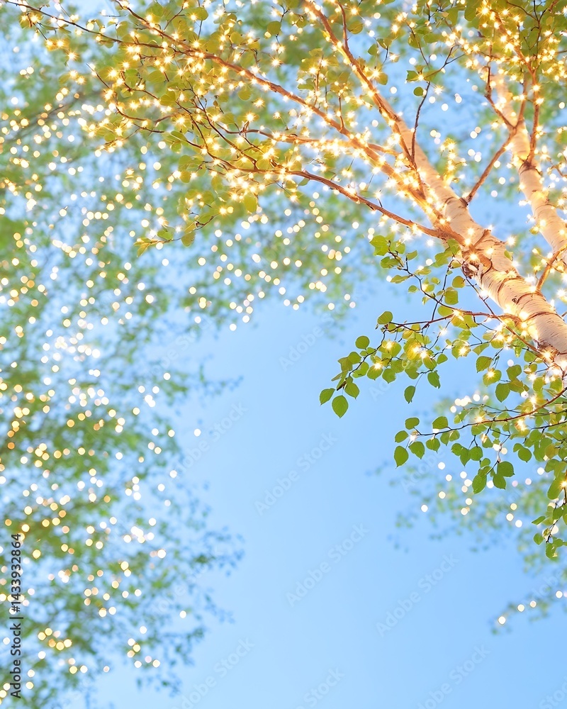 Twinkling lights adorn a tree's branches against a clear blue sky, creating a dreamy, ethereal scene  Leaves softly frame the illuminated branches
