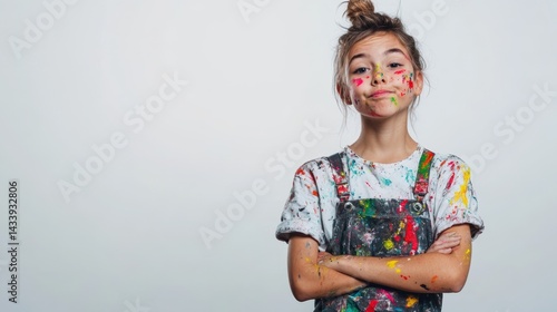 Young girl with paint on her face and clothes, smiling