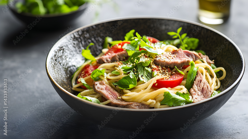 Delicious stir-fried chicken, noodles, and various green vegetables are presented as a healthy Asian cuisine dish Delicious stir-fried chicken, noodles, and various green vegetables are presented as a healthy Asian cuisine dish