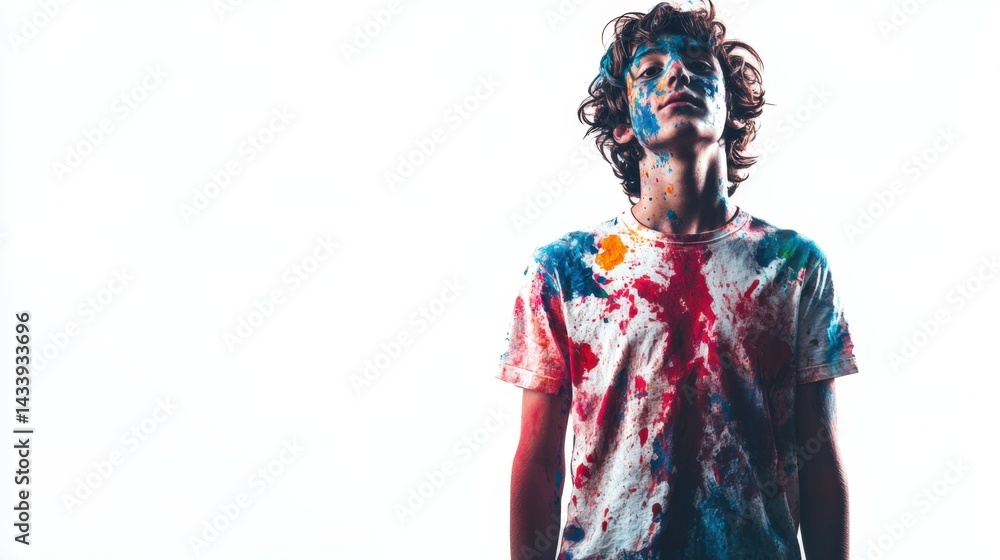 Fototapeta premium Young man covered in colorful paint against white backdrop