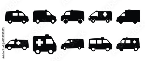 Collection of ambulance car silhouettes in black and white design variation