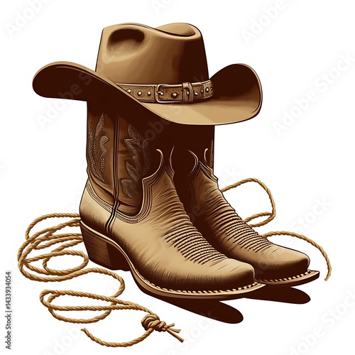 Cowboy boots and hat.  Pair of classic brown leather cowboy boots with a matching hat.  A piece of rope is draped around the boots