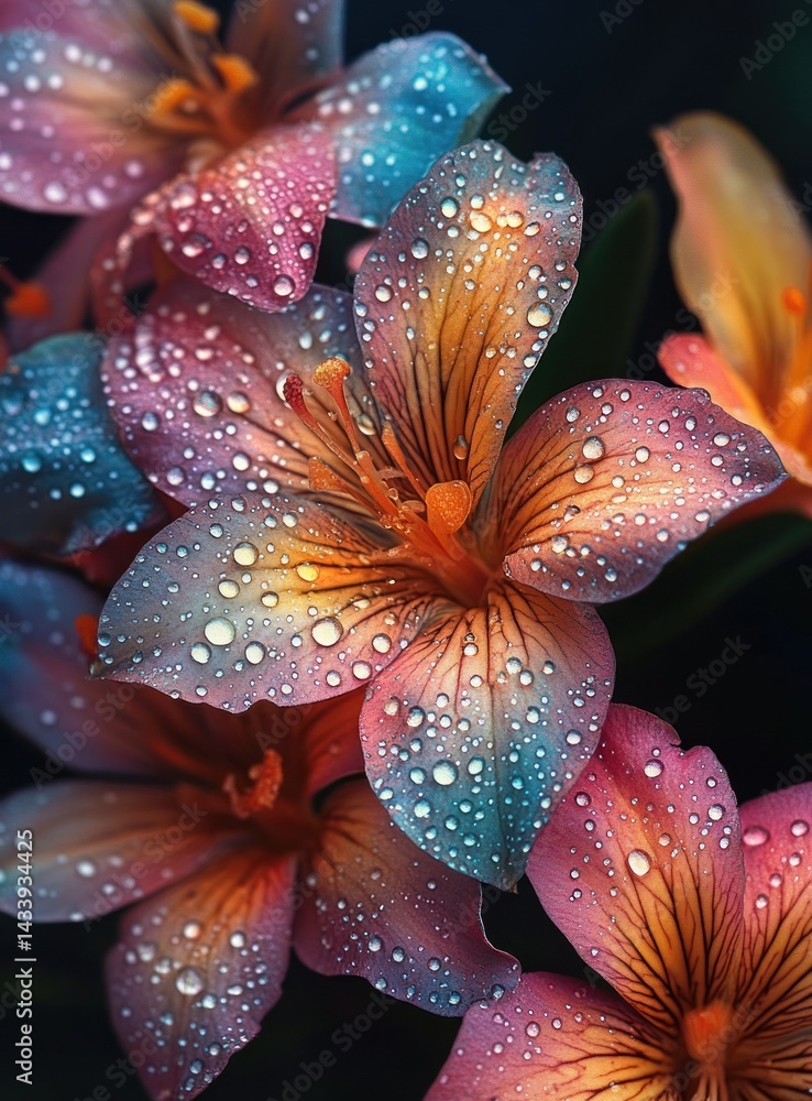Fototapeta premium Vibrant Petals of Blossoming Flowers with Water Droplets Sparkling Like Gems in a Dark Background