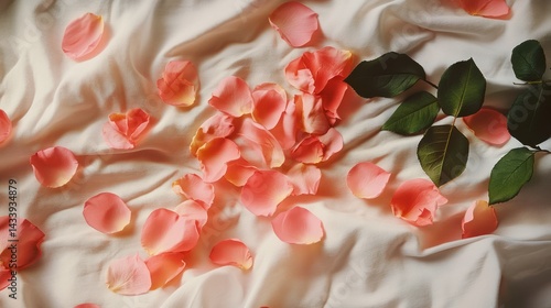 Delicate symphony of pink rose petals and verdant foliage on soft white fabric