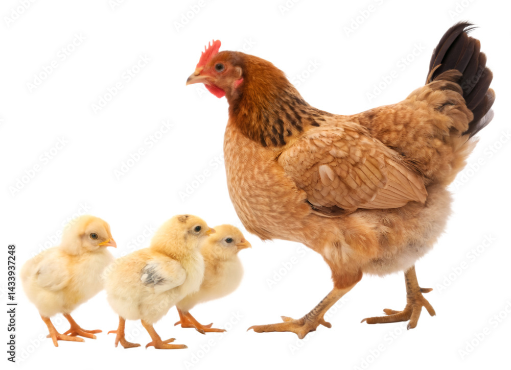 Fototapeta premium Hen with three chicks on white background