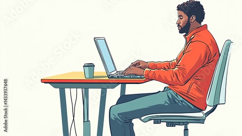 A young man with glasses sits at a wooden table, focused on his laptop.