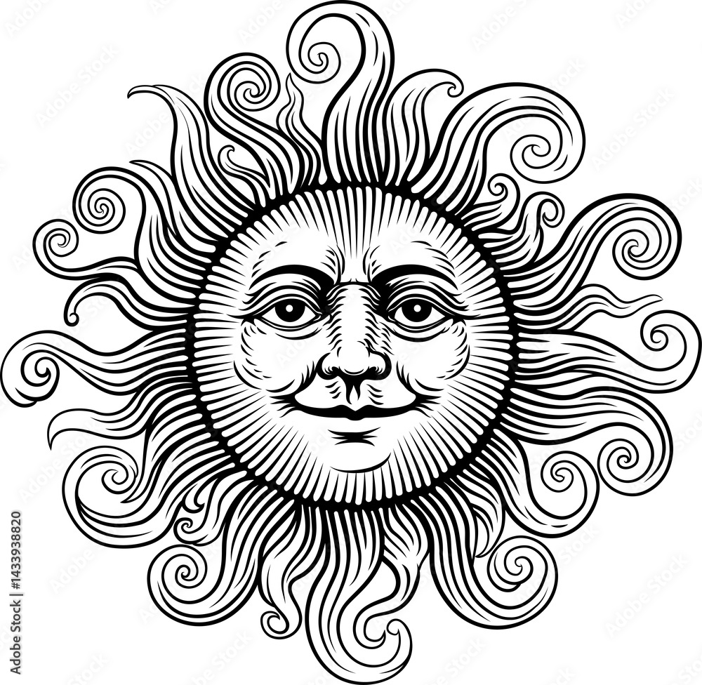 Obraz premium Sun Face Vintage Style Illustration