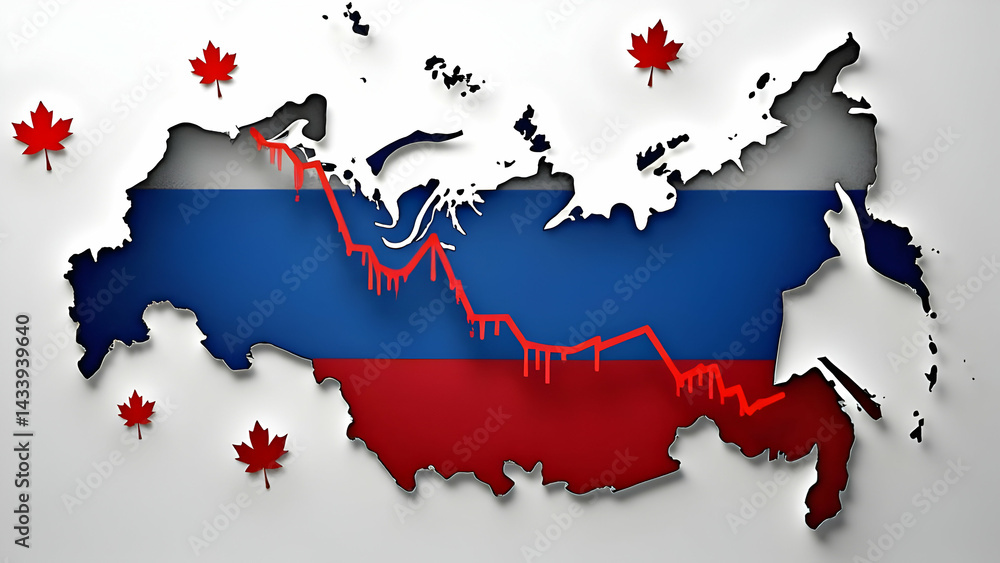 Naklejka premium Fragmenting Russia Flag into Sharp Downward Chart, Maple Leafs as Data