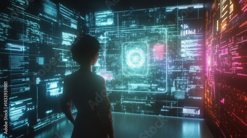 Wallpaper Mural A figure stands before illuminated data screens, surrounded by vibrant digital information, suggesting a futuristic, tech-driven environment. Torontodigital.ca