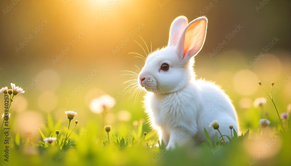 Obraz premium white rabbit on green grass