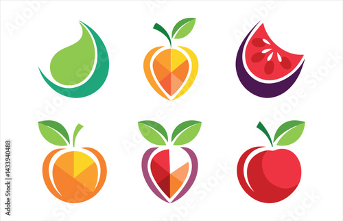 A vibrant vector set offers a healthy fruit collection with icons of apple, strawberry, orange, pear, cherry, and banana illustrations