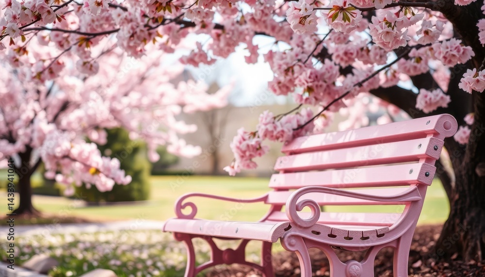 Peaceful Pink Bench Under Blooming Cherry Blossoms in Spring Park Perfect for Relaxation and Tranquility Peaceful Pink Bench Under Blooming Cherry Blossoms in Spring Park Perfect for Relaxation and Tranquility