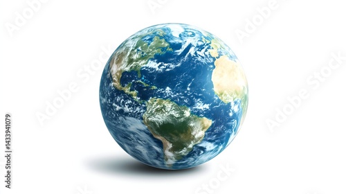 Planet Earth isolated on white background, North and South America visible, realistic globe