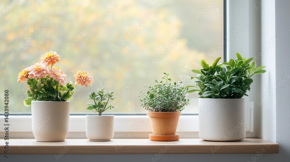 Fototapeta premium Lush floral display on a windowsill with nutrientinfused watering system, selfsustaining plant care
