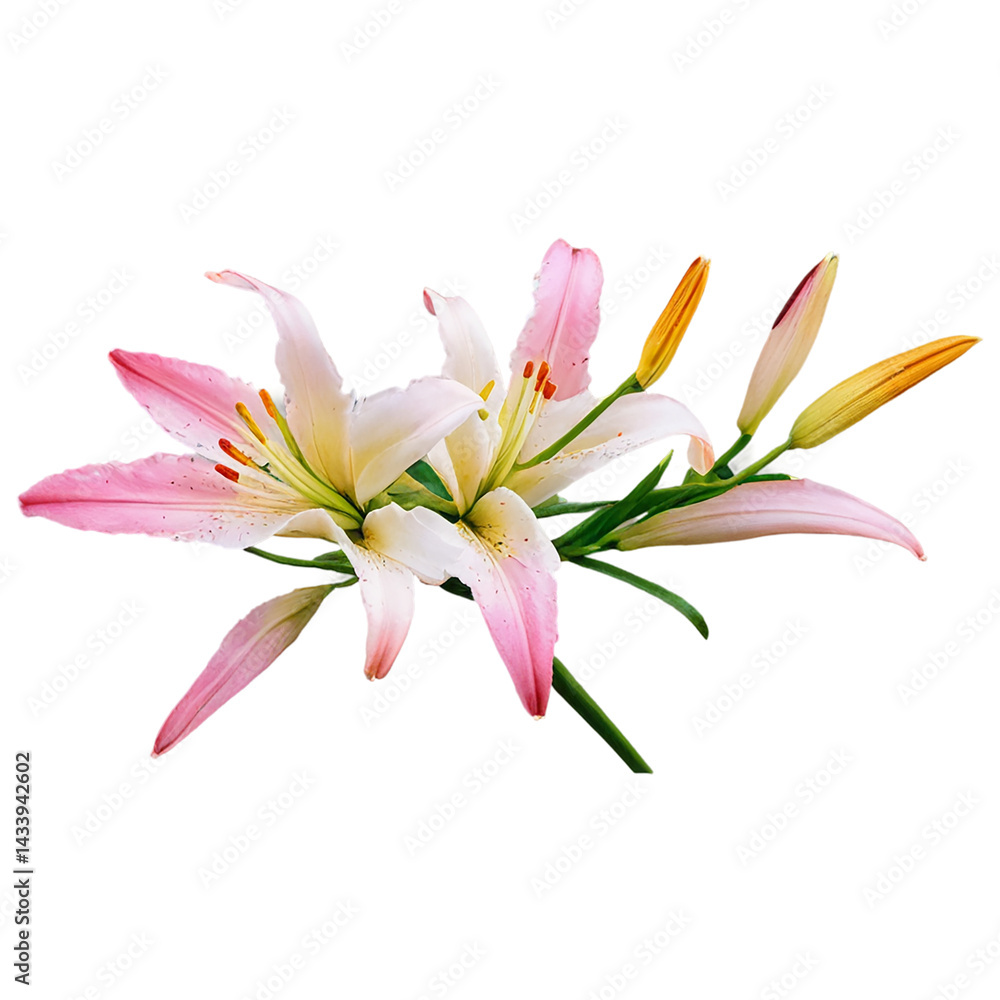 Naklejka premium A beautiful pink lily blossom, a floral beauty of nature, is isolated on a clean white background, showcasing its delicate petals in a closeup macro view