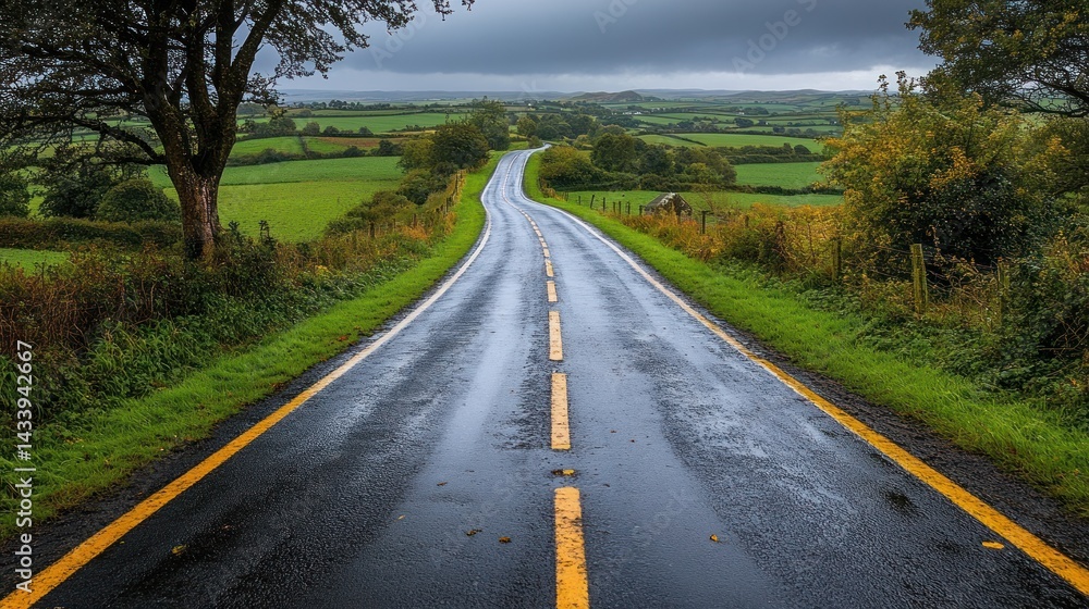 Fototapeta premium Wet asphalt road with yellow lines curves through a green rural landscape.