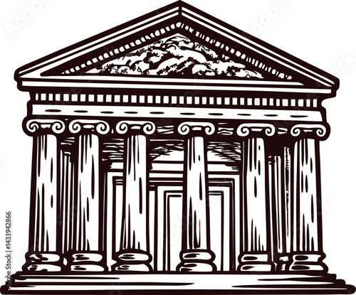 Detailed line art of ancient greek temple with corinthian columns.