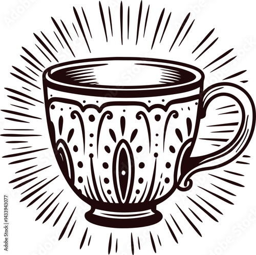 Ornate vintage teacup with radiating decorative lines.