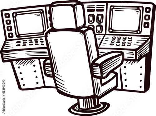Empty control room console with chair and monitors in a technical environment