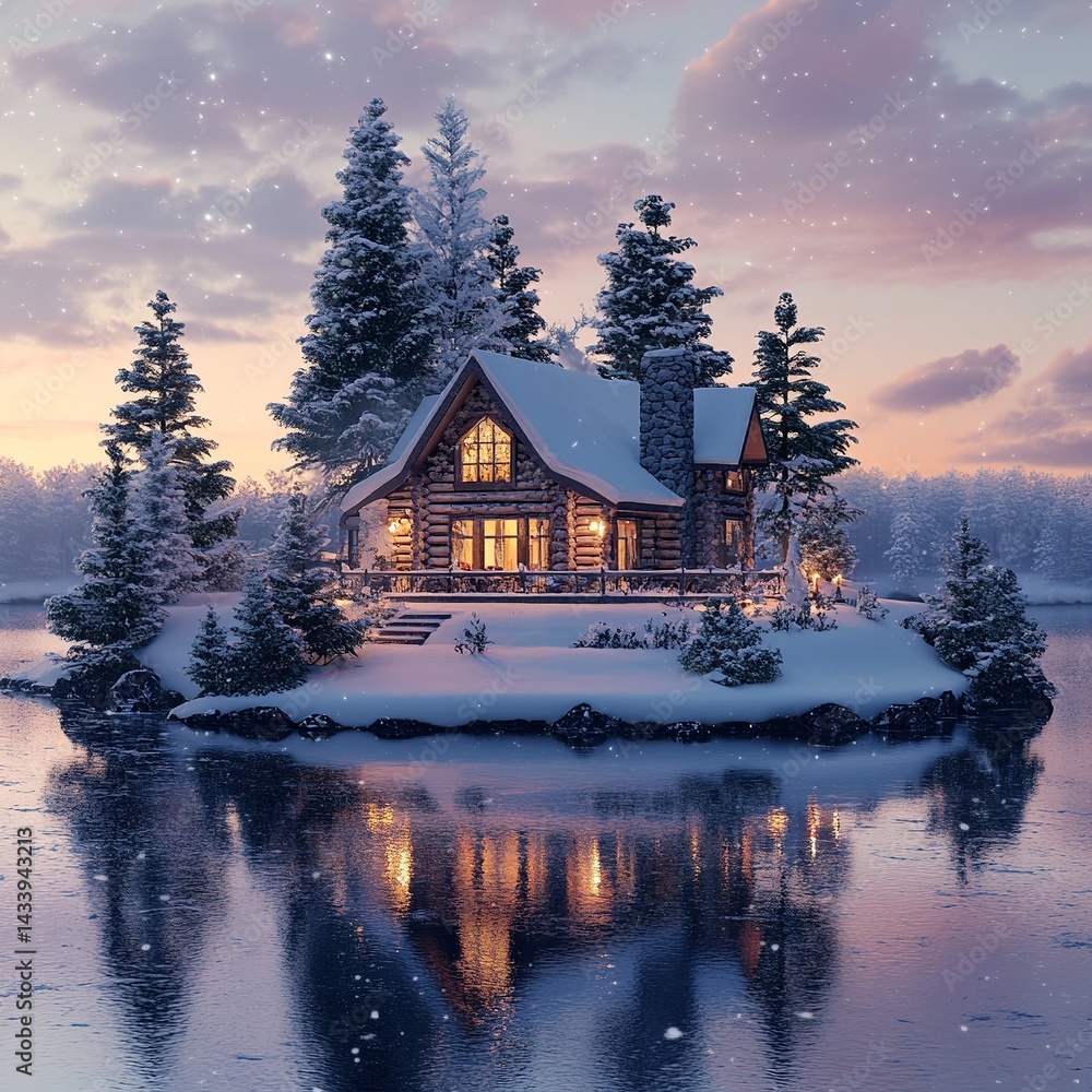 custom made wallpaper toronto digitalA serene winter dusk scene with a warmly lit snow-covered house on a tiny island, soft light illuminating snowy ground and reflecting on a calm icy lake.


