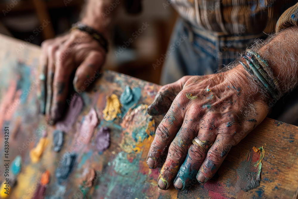 Person's hands covered with colorful paint while creating an abstract artwork on canvas. Splatters of blue, red, and yellow contrast beautifully. Person's hands covered with colorful paint while creating an abstract artwork on canvas. Splatters of blue, red, and yellow contrast beautifully.