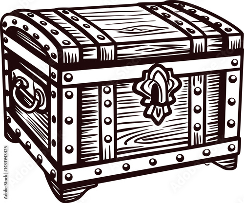Vintage wooden treasure chest with metal accents and ornate lock design.