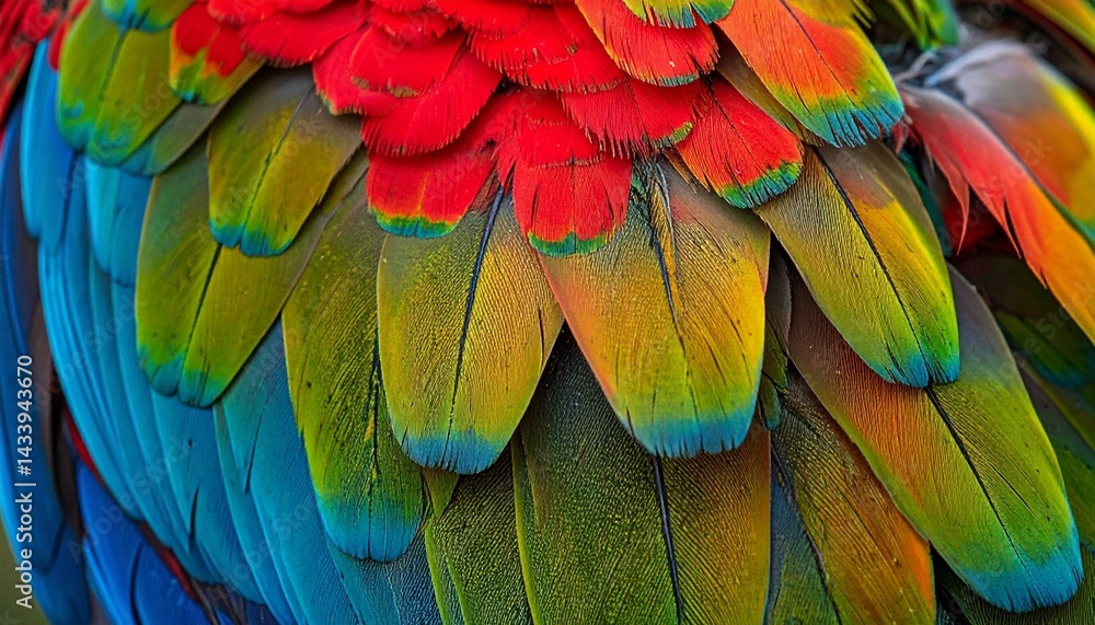Fototapeta premium A parrot’s plumage in striking detail, a spectrum of emerald, scarlet, and sapphire feathers layered in perfect symmetry. 
