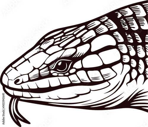 Detailed of a lizard with scaled skin and forked tongue in profile view.