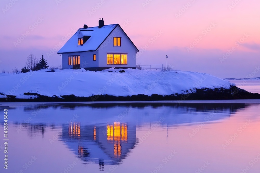 A serene winter dusk scene with a warmly lit snow-covered house on a tiny island, soft light illuminating snowy ground and reflecting on a calm icy lake.
A serene winter dusk scene with a warmly lit snow-covered house on a tiny island, soft light illuminating snowy ground and reflecting on a calm icy lake.