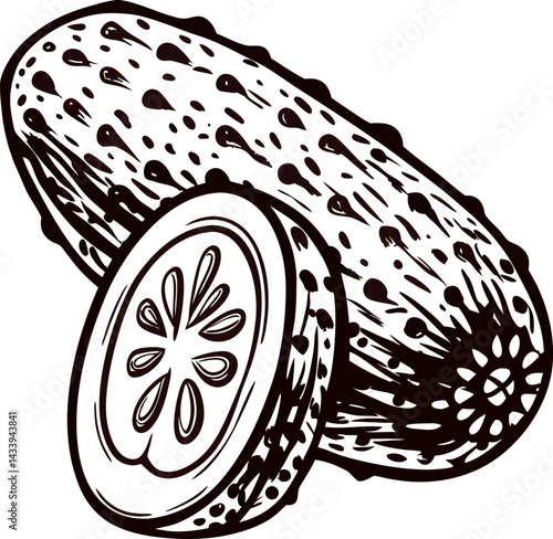 Hand drawn cucumber with detailed slice in monochrome design.