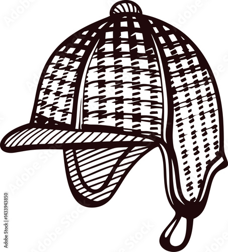 Vintage houndstooth deerstalker hat sketch with ear flaps and brim.