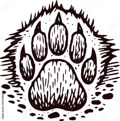Black bear paw print with claw details in ink