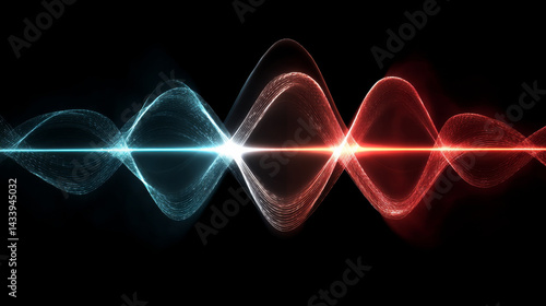 Glowing wave interference pattern in high contrast black background, featuring red and blue light waves