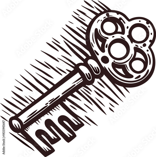 Intricate antique skeleton key with ornate design on textured surface